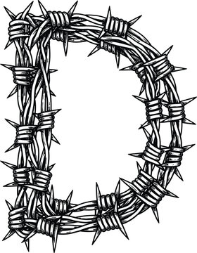 Barbed wire letter D illustration, black and white industrial alphabet design, sharp metallic wire font, cad drawing flat vector illustration