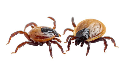Two brown ticks side-by-side, in high focus, on a transparent background