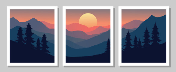 Vibrant mountain landscape with pine trees at sunset