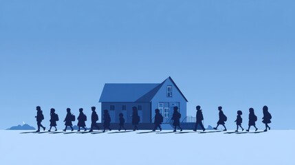 A stark blue illustration depicts a group of silhouettes walking towards a small house, creating a sense of migration or journey
