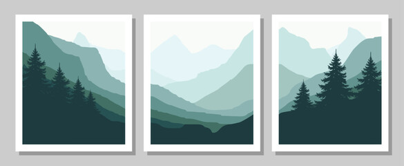Set of minimalist mountain landscape posters with pine trees
