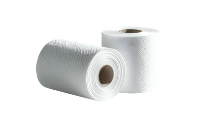 Two white paper towel rolls, one on its side, against a black background