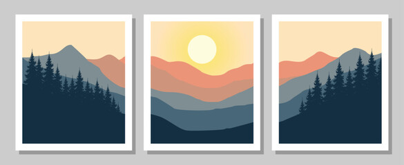 Stunning mountain landscape with sunset and trees in minimalist style