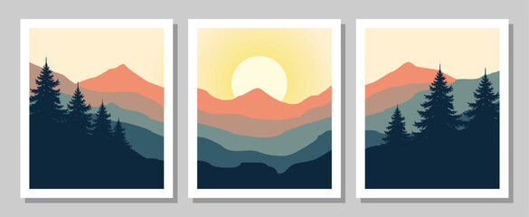 Vibrant mountain landscapes with pine trees at sunrise