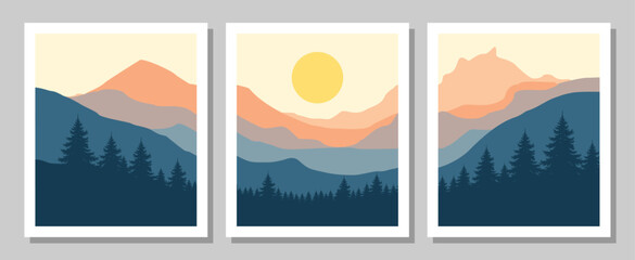 Vibrant mountain landscapes with pine trees at sunrise