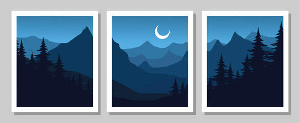 Serene mountain landscapes with trees and moonlit night sky