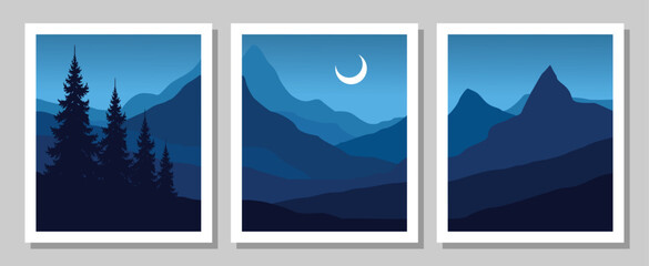 Serene blue mountain landscapes with moonlit night sky and pine trees