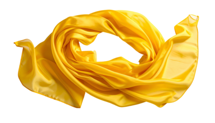 Flowing, vibrant yellow fabric, isolated on black background, creates a dynamic, airy form