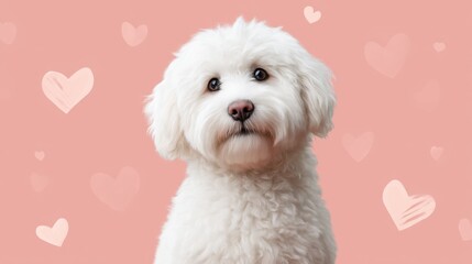 Adorable fluffy white dog with expressive eyes on a warm pink background, surrounded by playful heart shapes, perfect for love and pet-themed designs