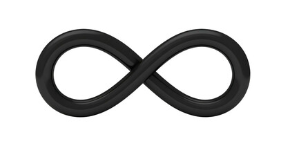 Rendered 3D black infinity symbol against a black backdrop, with highlights and gloss