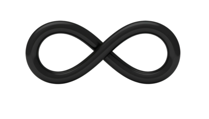 Rendered 3D black infinity symbol against a black backdrop, with highlights and gloss