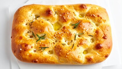 Focaccia italiana reci&eacute;n horneada en una mesa blanca con hierbas y aceite de oliva