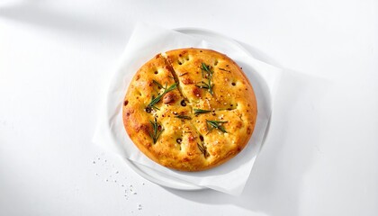 Focaccia italiana reci&eacute;n horneada con hierbas y sal en un plato blanco en una mesa