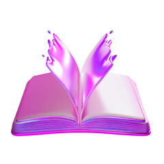 Open book with iridescent pink and purple liquid splashes on black pages isolated on a transparent background