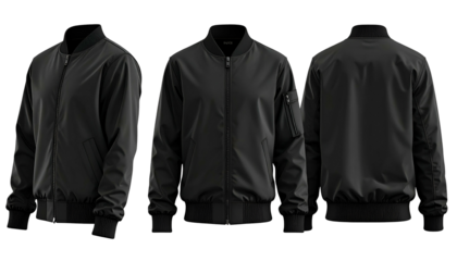 Three-view flatlay of a classic black bomber jacket with ribbed cuffs & hem