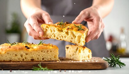 Manos rompiendo un trozo de focaccia en una mesa con hierbas y sal, resaltando la textura del pan