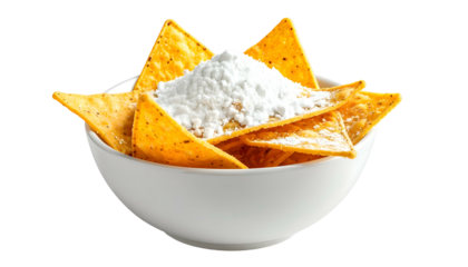 A white bowl filled with tortilla chips and a mound of white topping