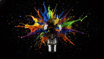 Explosion of Vibrant Color Splashes on a Shattering Light Bulb