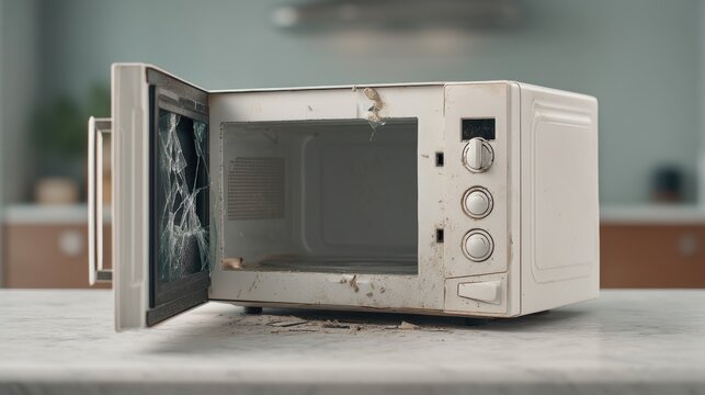 Abandoned and Dirty Microwave Oven on a Countertop in a Kitchen Setting with Visible Dust and Broken Glass