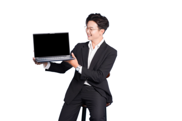 A Stylish Presentation: A modern professional exudes confidence while presenting a laptop, ideal for showcasing technological innovation and business prowess. 