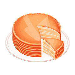 Orange Crepe Cake with Slice Removed on White Plate graphic design isolated on a transparent background