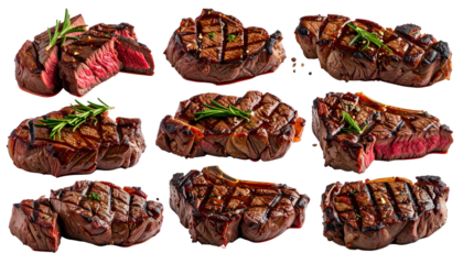 Close-up of nine grilled steaks, varying doneness, with herbs, on a transparent background