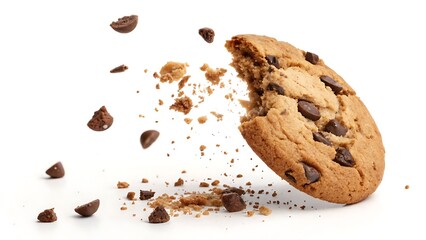 Chocolate chip cookie with a bite captured in mid-air motion, isolated on white for creative food and snack marketing