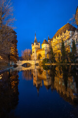 Beautiful Vajdahunyad castle in Budapest, Hungary. Blue hours scenery with amazing reflection.