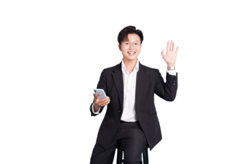 Stylish Greetings: A confident professional, impeccably dressed, greets the world with a friendly wave while holding a smartphone.