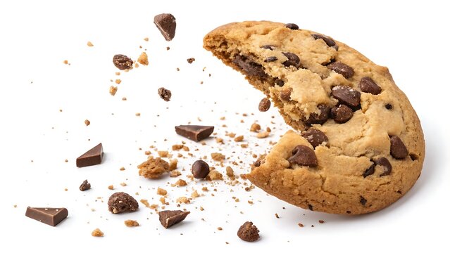 Chocolate chip cookie with a bite captured in mid-air motion, isolated on white for creative food and snack marketing
