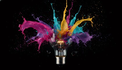 Explosion of Vibrant Liquid Colors Bursting from a Glowing Light Bulb
