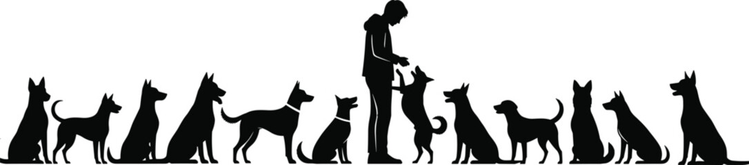 Dog training silhouette with person and twelve dogs, obedience session, pet discipline, animal care and interaction scene for design, flat vector