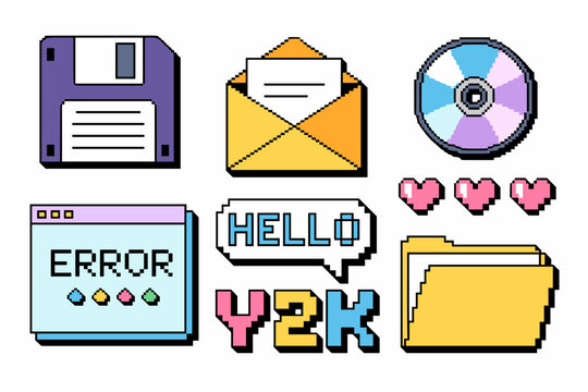 Nostalgic Y2k Pixel Art Icons Floppy Disk, Email, CD, Error, Hearts, Folder
