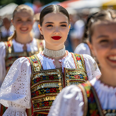 Portrait of a beautiful young woman wearing traditional folk costume at a festival
