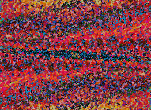 Pointillistic abstract background with red, orange, yellow and blue neon paint spots. Hand-drawn illustration, Psychedelic drawing