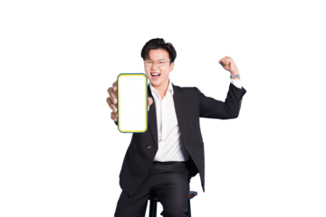 Tech Triumph: A charismatic individual in a business suit triumphantly displays a mobile phone with a blank screen, embodying the fusion of technology and success. 