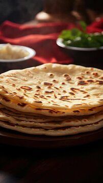 A stack of pita bread on a plate with various condiments in the background.