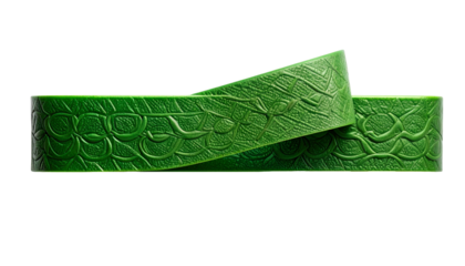 Close-up of a vibrant green leather belt with a patterned texture, curved on black