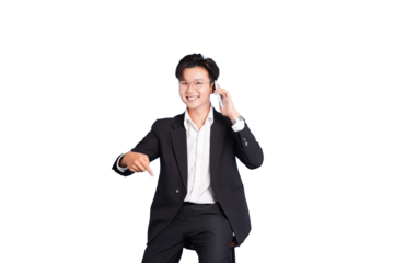 Professional Communication: A stylish professional in a tailored suit communicates via a headset. He gestures with confidence, conveying ease and approachability.