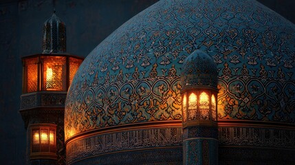 Intricate blue mosaic dome and glowing lanterns of a traditional mosque at dusk