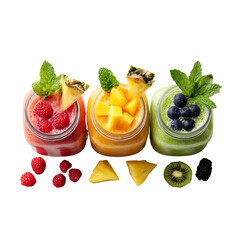 Vibrant fruit smoothies bursting with flavor and freshness, perfect for summer promotions or healthy living campaigns with raspberries, mango, kiwi, and blueberries