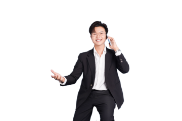 Smiling Professional: A confident man in a suit engages in a phone call, gesturing with a friendly hand and radiating approachable professional.