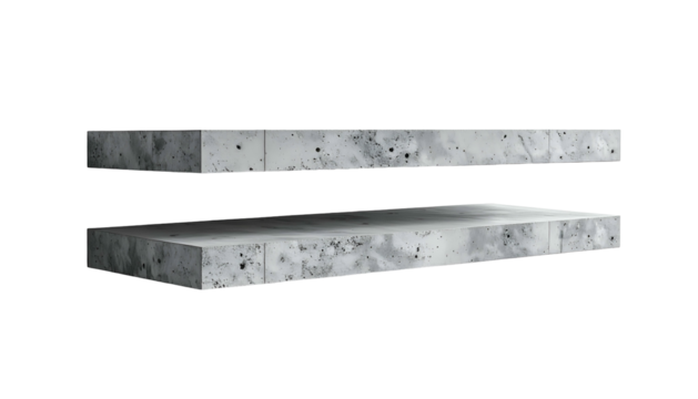 Two floating rectangular platforms of grey, rough-textured stone against a black void - Powered by Adobe