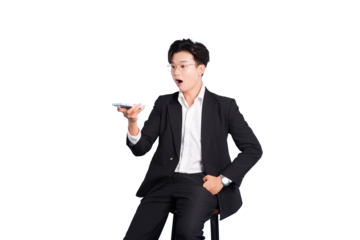 Surprised Business: A sharply dressed business professional, sporting glasses, is captured in a moment of surprised revelation while holding a smart phone. Capturing his open mouth expression.
