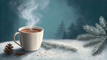 Boxing Day hot chocolate in minimalist mug, warm and comforting, against muted Steam Blue background, with copy space, words + concept
