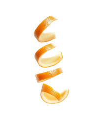 Orange Peel Spiral Falling in Segments Against Black citrus zest isolated on a transparent background