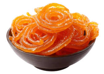 Delicious Jalebi Sweets in Black Bowl Isolated on Transparent Background