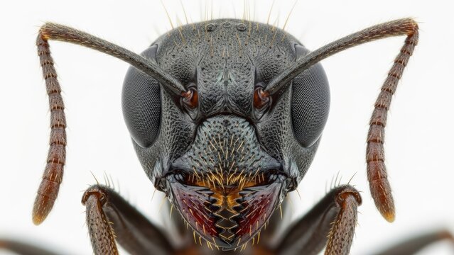 Extreme close-up macro photograph of an ant's head, showcasing its intricate facial features, compound eyes, and antennae against a white background.
