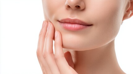 Obraz premium Woman touching smooth cheek with hand highlighting healthy lips and skin care on white.