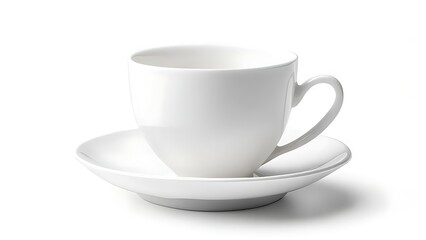 Fototapeta premium A clean, white teacup with a curved handle sits on a matching saucer, casting a shadow against a pure white background